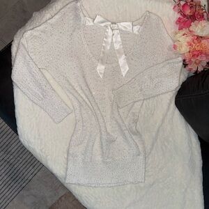 NWOT White House Black Market White and Silver Blouse with Bow Detail